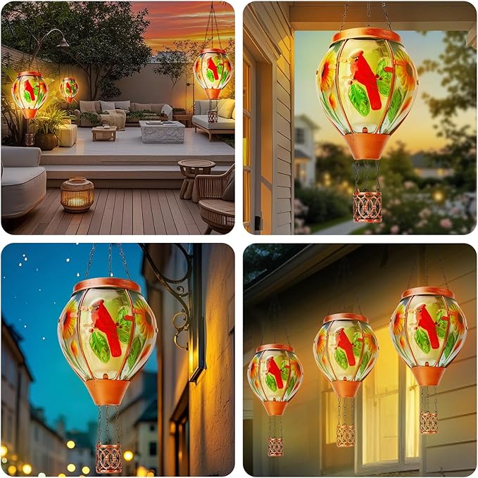 Solar Hot Air Balloon Lantern with Flame， Cardinal Glass Solar Hanging Lights Outdoor Yard Patio Farmhouse Decoration, Cardinal Gifts for Women Grandma Mom - Cardinal