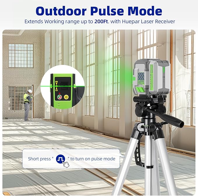 Laser Level Rechargeable, Huepar Pro Self Leveling Green Cross Line Laser Level Tool with Outdoor Pulse Mode, 18-Hour Long Runtime, 360° Magnetic Bracket, for DIY, Construction, Floor Tiles&Decoration