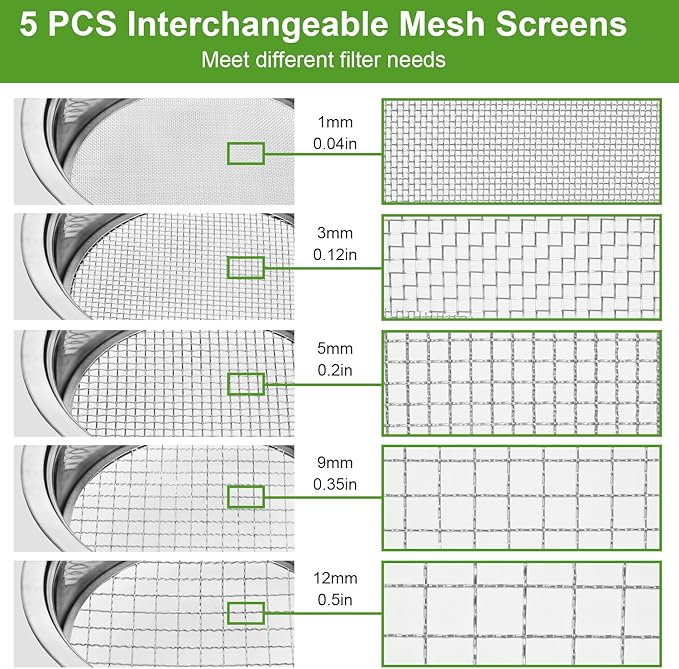 Soil Sieve Stainless Steel Riddle Sieve Set, 9.5" Diameter, Garden Sifter with 5 Filter Mesh Sizes 1,3,5,9,12mm and Bonsai Soil Scoops Gardening Tool