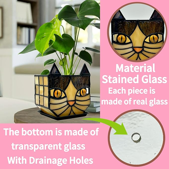 Yellow Cat Plant Pot with Drainage,Cute Planters for Indoor Plants,Stained Glass Cat Flower Pots,Fun Candle Holder Glass Container,Gifts for Gardeners Woman