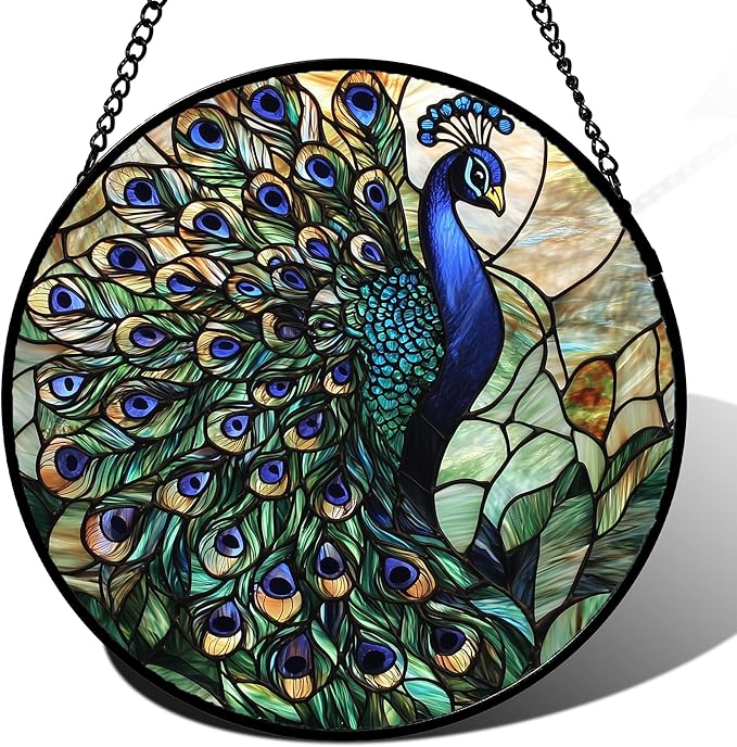 Stained Glass Window Hanging, Blue Green Peacock Decor Suncatcher for Door Garden Home Decoration Bird Sun Catchers Christmas Mother's Day Birthday Gifts for Women Men Mom Nana Friend 15 in