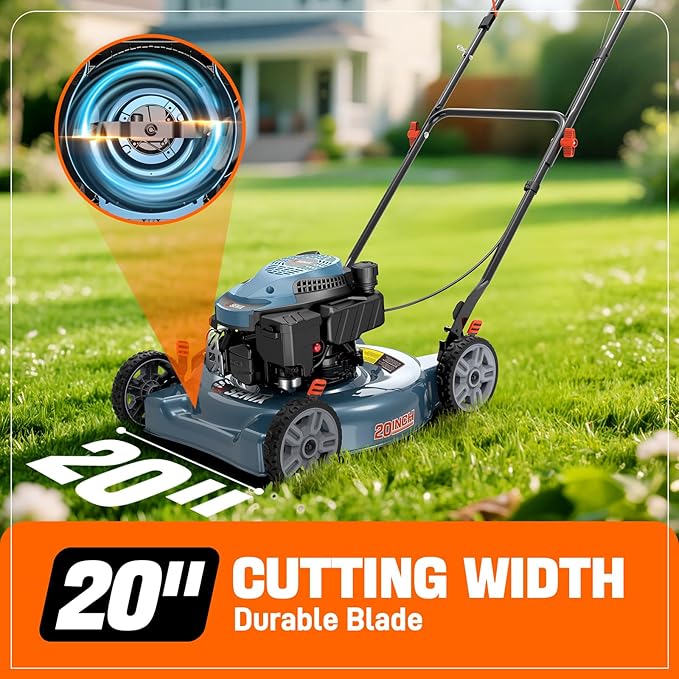 SENIX 144 cc Gas Lawn Mower, 20 inch 4-Cycle Push Mower, Side Discharge, 5 Position Cutting Height Adjustment, Low Noise & Fuel-Efficient for Lawn, Yard and Garden (LSPG-L5)