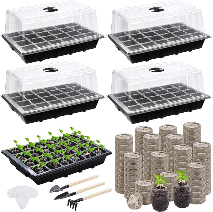 4 Sets Seed Starter Tray Kit Germination Starter Tray with Humidity Dome and Base Include 100 Peat Pellets 100 Plant Labels Garden Tools Plastic Plant Growing Trays for Greenhouse Garden, Black