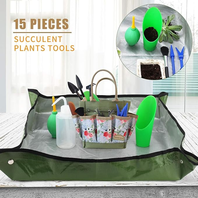 G GOOD GAIN Garden Succulent Kit with Organizer Bag, 15Pieces Succulent Tools, Indoor Mini Hand Gardening Tools Set with Carrier for Bonsai Planter Miniature Fairy Planting Care(Rose)