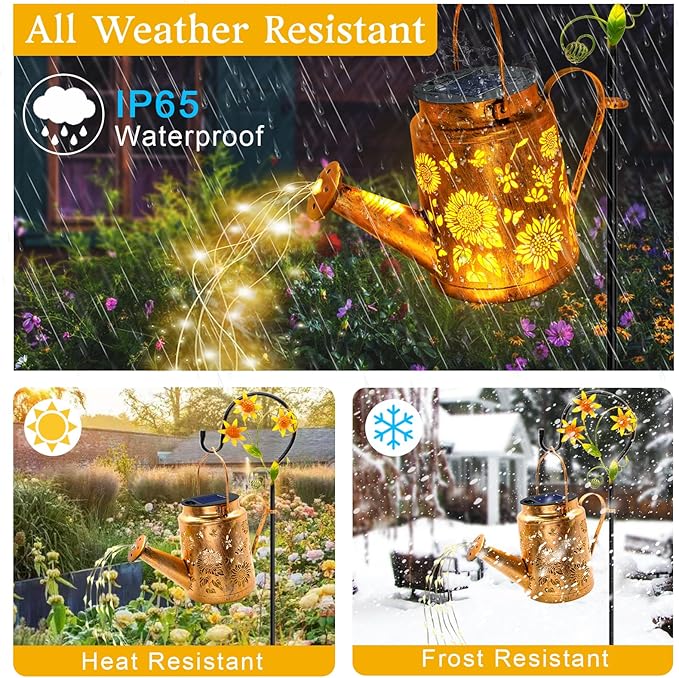 Solar Lights Outdoor Waterproof, Sunflower Solar Watering Can Lights with Shepherd Hook, Birthday Gifts for Mom Grandma Women Christmas, Metal Hanging Lantern Garden Decor Yard Outside Patio Lawn