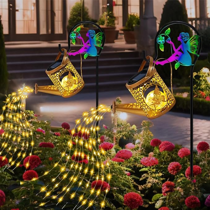Solar Lights Garden Decorative, Solar Watering Can with Cascading Lights, Waterproof Metal Lantern with Fairy Shepherd Hook, Outdoor Decor for Yard, Patio, Gifts for Mother's Day, Women