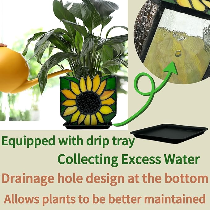 Stained Glass Sunflower Garden Planters,Indoor Plant Pots with Drainage,Unique Plant Pots for Dried Flowers,Sunflower Gifts,4.6 x 3 x 5.15 in