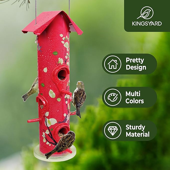 Kingsyard Metal Bird Feeders for Outdoors Hanging, 6-Ports Tube Bird Feeder, 14 inch, Durable & Weatherproof, Large Capacity for Attracting Wild Birds (Red)