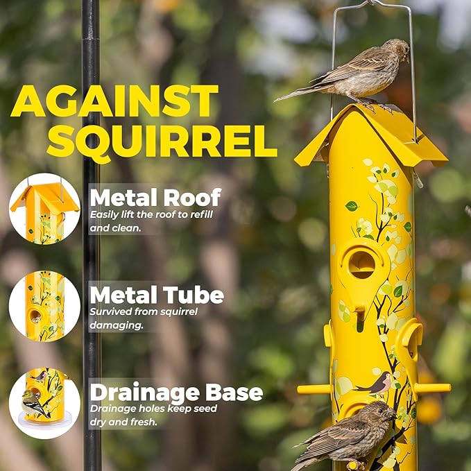 Kingsyard Metal Bird Feeders for Outdoors Hanging, 6-Ports Tube Bird Feeder, 14 inch, Durable & Weatherproof, Large Capacity for Attracting Wild Birds (Yellow)