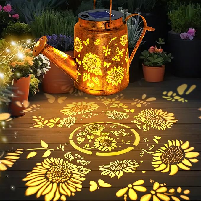 Solar Lights Outdoor Waterproof, Sunflower Solar Watering Can Lights with Shepherd Hook, Birthday Gifts for Mom Grandma Women Christmas, Metal Hanging Lantern Garden Decor Yard Outside Patio Lawn