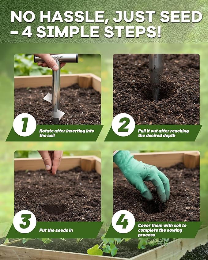 Stainless Steel Hand Dibber with Depth Markings & T-Handle, Rust-Resistant Bulb Planter Tool for Seeds, Seedlings & Bulbs – Ergonomic Design for Garden & Lawn