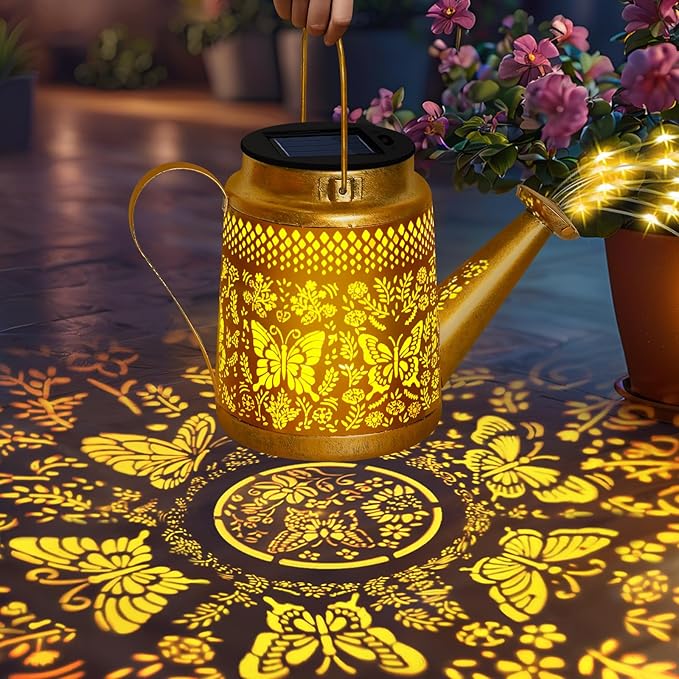 Christmas Gifts Solar Watering Can Lights Outdoor Garden Decor, Large Butterfly Hanging Lantern with Shepherd Hook, Waterproof Garden Lights for Outdoor Landscape Pathway Yard, Gift for Mom Grandma