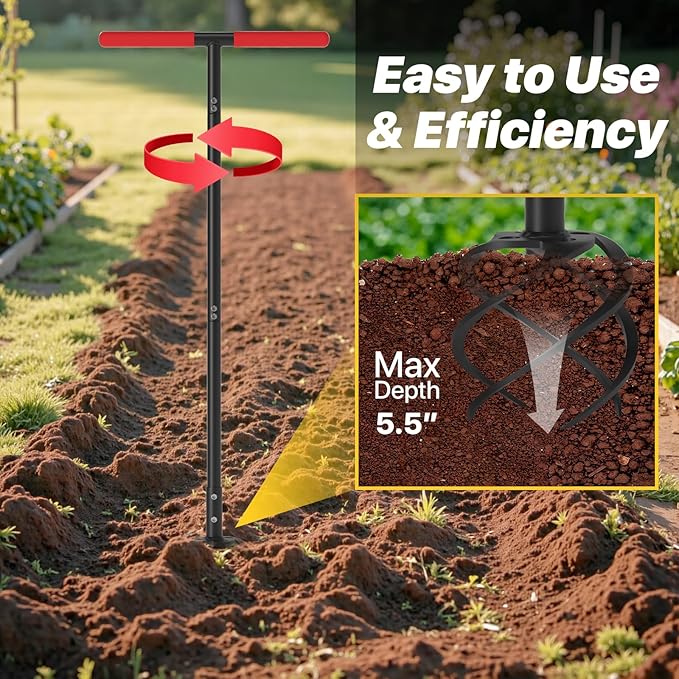 Hand Tiller Garden Tool, Twist Tiller for Gardening with Long Handle, 44.3-inch Garden Claw Hand Tool for Lawn Aerator, Hand Cultivator Tiller Tool for Garden Beds, Plant Box