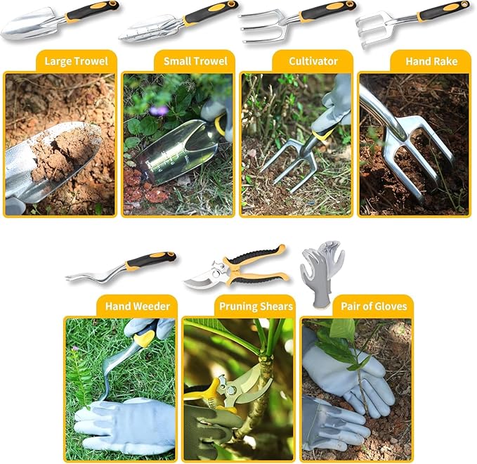 Garden Tools, 8 Piece Heavy Duty Gardening Tools Set with Non-Slip Rubber Grip, Stainless Steel Garden Tool, Gifts for Kids, Women, Husbands, and Parents