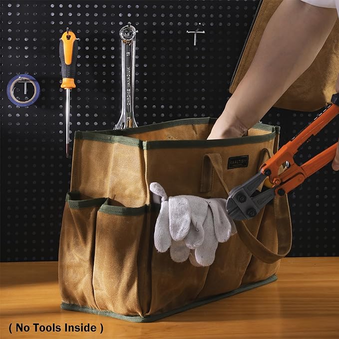 16OZ Waxed Canvas Tool Tote Bag | Large-Capacity Tool Storage Tote with 10 External Pockets | Multi-Purpose Garden Tool Carrier for Gardening, Wrench, and Carpentry Tools – Khaki