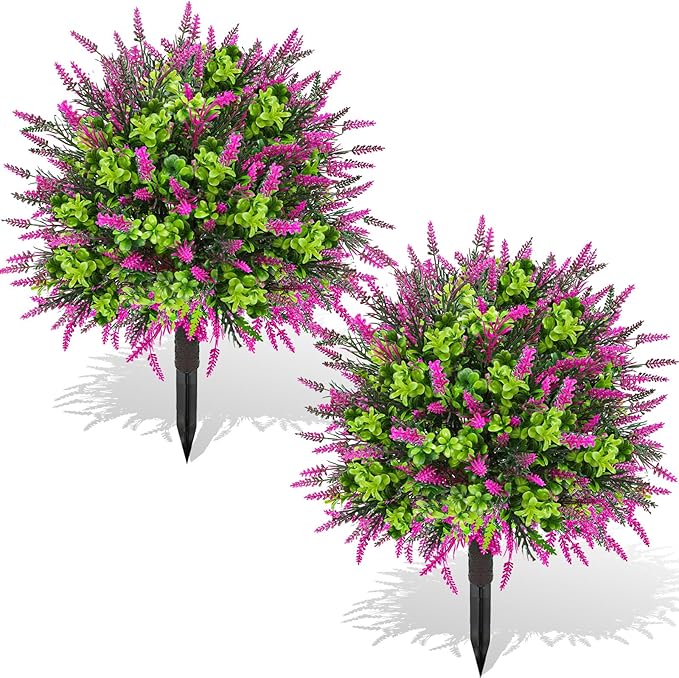 Artificial Topiary Lavender Ball Tree Outdoor Plants with Ground Spike 22"- UV Resistant Faux Shrubs, Eucalyptus Fake Plants for Indoor & Garden, Yard, Porch, Patio Decor (Pink Green)