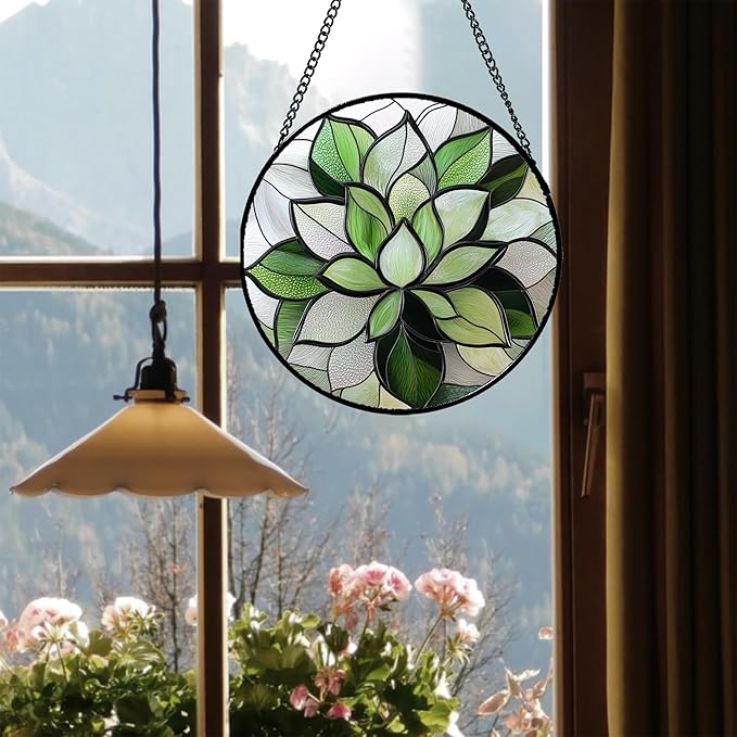Stained Glass Window Hanging - Ireland Green Plants Suncatcher for Doors Garden Succulent Sun Catchers Decor Mother's St. Patrick's Day Birthday for Women Men Mom Nana 6.3 in