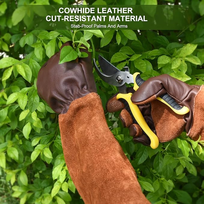 Long Gardening Gloves for Women Thorn Proof,Rose Pruning Cowhide Leather Garden Gloves for Cactus, Rose and Blackberry