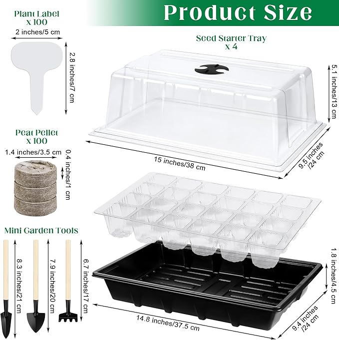 4 Sets Seed Starter Tray Kit Germination Starter Tray with Humidity Dome and Base Include 100 Peat Pellets 100 Plant Labels Garden Tools Plastic Plant Growing Trays for Greenhouse Garden, Black