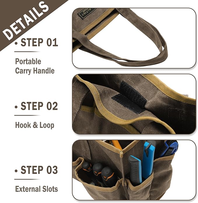 16OZ Waxed Canvas Tool Tote Bag for Garden Tools Wrench Set & Screwdrivers | 11-Pocket Garden Tool Bag with Portable Handles, Multi-Purpose Tool Storage Organizer (14"L x 5.5"W x 10.5"H) – Grey