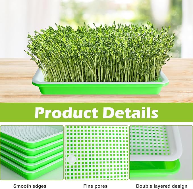EBaokuup 5 Pcs Seed Sprouter Tray with Drain Holes - BPA Free Seed Germination Propagation Trays, Soil-Free Wheatgrass Bean Sprouts Microgreens Growing Kit with Germinating Paper