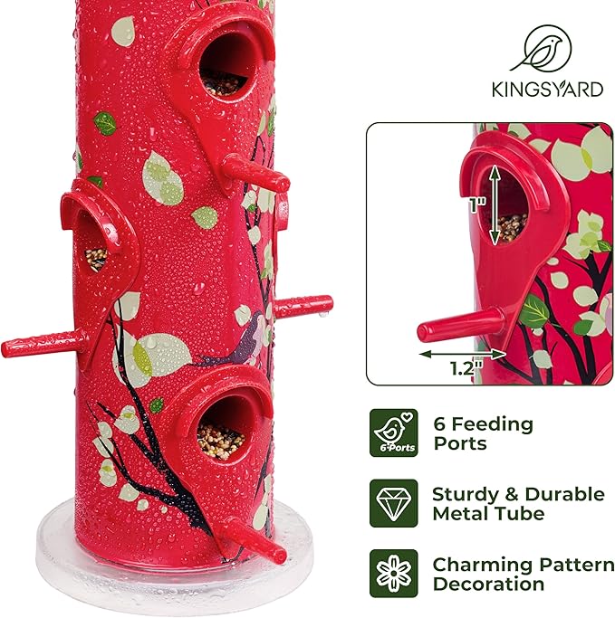 Kingsyard Metal Bird Feeders for Outdoors Hanging, 6-Ports Tube Bird Feeder, 14 inch, Durable & Weatherproof, Large Capacity for Attracting Wild Birds (Red)