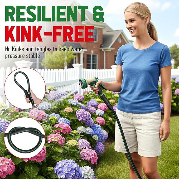 Garden Hose 25ft with 10 Function Nozzle, NON-EXPANDABLE Flexible Water Hose, Kink Resistant Lightweight Hybrid Hose, Leakproof Hose Male to Female Fittings