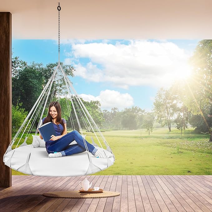 Sorbus 56" Stylish Hanging Swing Nest - Premium Cotton Double Hammock Daybed Saucer Style Lounger Swing Chair- 264lbs Sturdy Spinner Tree w/Pillow - Easy Setup - for Indoor/Outdoor, Travel - White