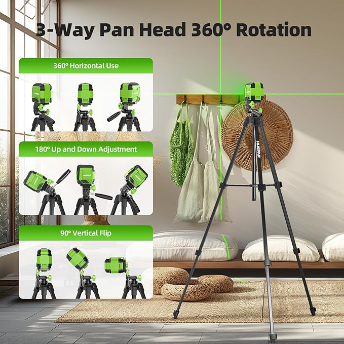 Laser Level with 60in Tripod, HUEPAR 98Ft Self Leveling Laser Level Green Line Laser Cross Line Laser Leveler Tool for Picture Hanging, Tile, Home Renovation, Indoor Project, Battery&Goggles Included