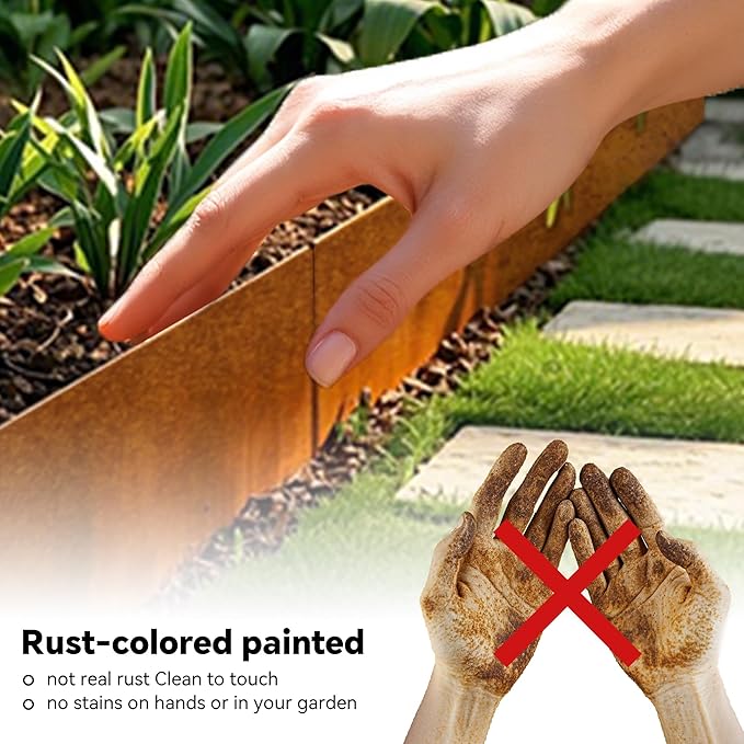 Worth Galvanized Steel Landscape Edging 10" x25' Metal Garden Edging Roll Flexible Bender Border with 8Pcs Stakes for Lawn, Flower Bed Edges, Rust-Colored Painted