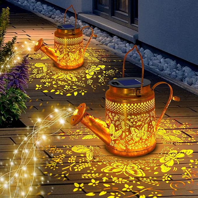 2 Pack Solar Powered Butterfly Watering Can Lights Waterproof Outdoor Decor with Shepherd Hook Hanging Patio Lights for Yard, Garden, Backyard Perfect Gardening Birthday Gift for Women, Mom, Grandma