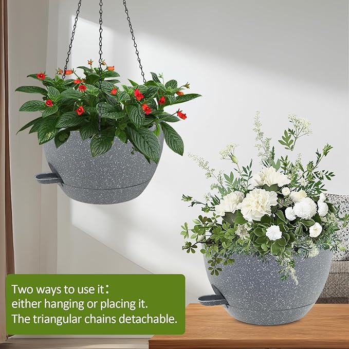 WOUSIWER Self Watering Hanging Planters, 2 Pack 12'' Plastic Pots with Drainage Holes & Reservoir Tray (Speckled Grey) | Indoor & Outdoor Use for Ferns, Ivy, Herbs, Succulents
