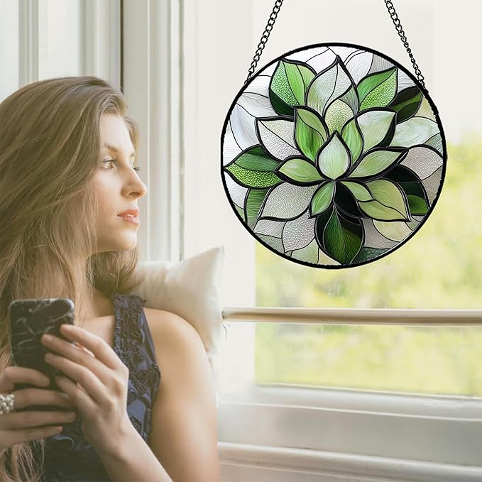 Stained Glass Window Hanging - Ireland Green Plants Suncatcher for Doors Garden Succulent Sun Catchers Decor Mother's St. Patrick's Day Birthday for Women Men Mom Nana 15 in