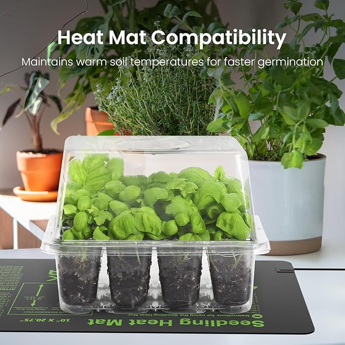 MIXC Seed Starter Kit with Grow Light, Elevated Seedling Tray Kit with Adjustable Humidity Dome and Clear Cell Tray, 12 Full Spectrum Led Beads for Seed Starting Greenhouse, 6 Pack, Transparent