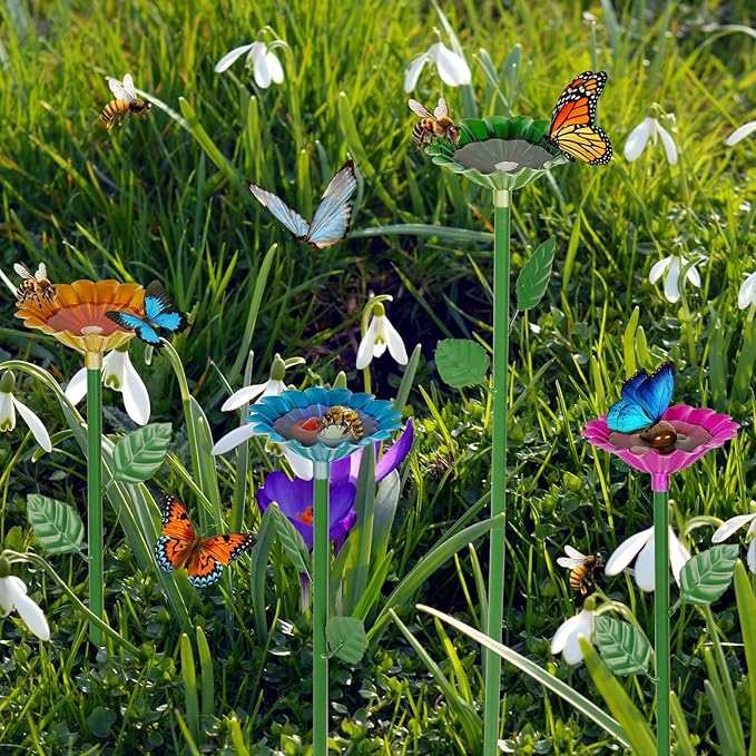 2 Pack Bee Watering Station,Bee Bath for Garden Metal Bee Water Feeder with Flower Design, Colorful Butterfly Bee Bath Bowl for Outdoor Garden Yard Decor (Blue,Yellow)