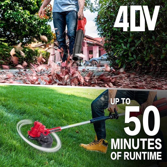PowerSmart 40V Max Battery Powered Weed Eater and Cordless Leaf Blower Combo Kit with 4.0Ah Battery and Charger, String Trimmer and Weed Wacker 2-in-1 with Automated Feed Spoo, (76500)