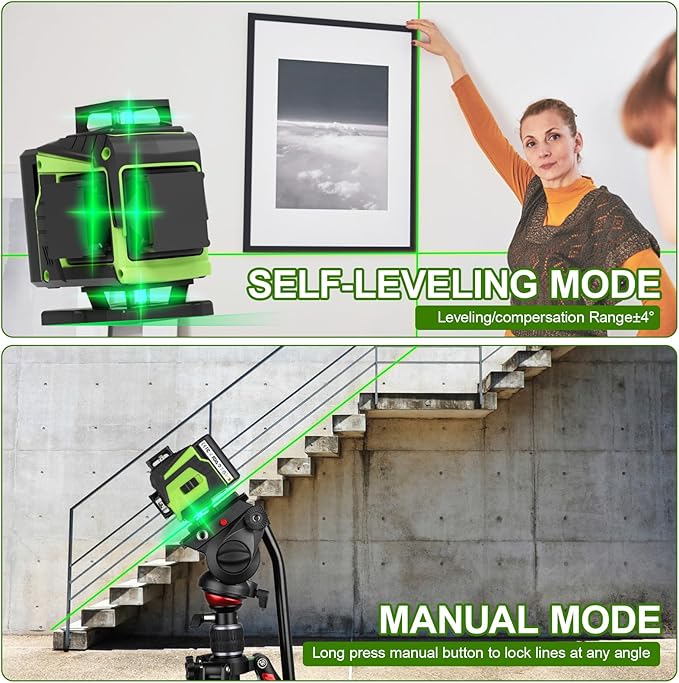 16 Line Laser Level 360 Self Leveling,Professional 4x360°Green Cross Line laser Level Tool for Construction and Picture Hanging,lazer leveler tool with 2 Batteries,Magnetic Bracket & Remote Control