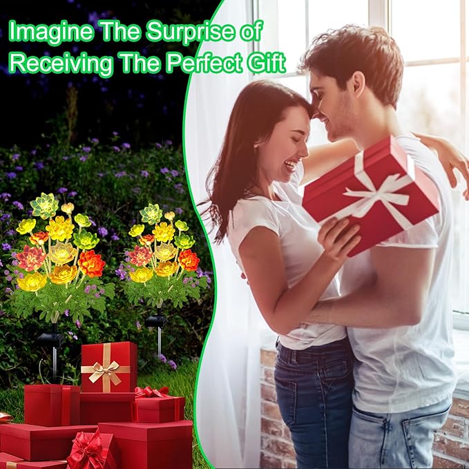 Solar Garden Lights Outdoor, 2 Pack Upgraded Succulent Solar Flowers Outside Waterproof, Gardening Gifts for Women Mother, Decorative Solar Powered Lights Yard Decor for Lawn Backyard Patio Pathway