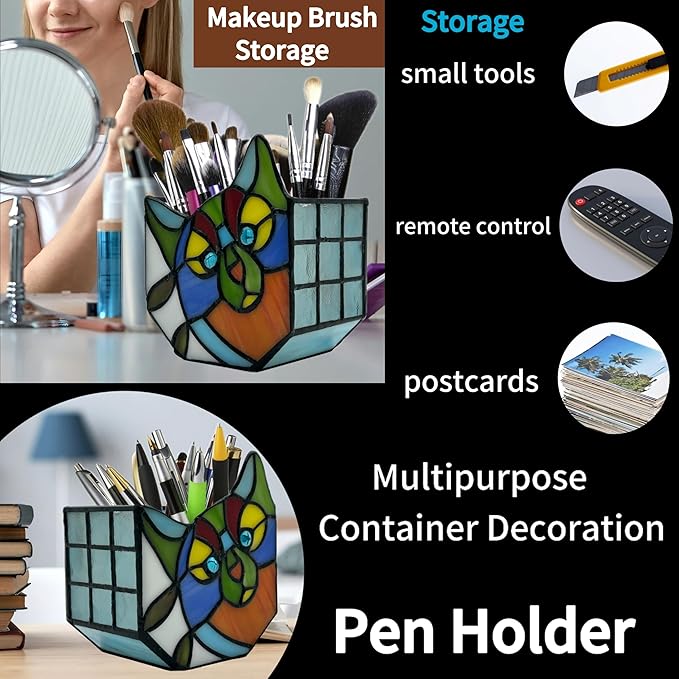 Tiffany Style Cute Cat Flower Pot with Drainage, Unique Stained Glass Indoor Plant Planter, Tiltable Cat Decor, Plant Lover Gifts for Women 4.6x3x5.15 in