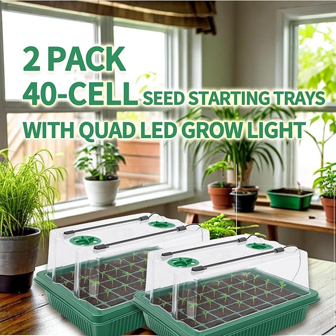 2 Pack 40-Cell Seed Starting Trays with Quad LED Grow Light, Indoor Garden Kit for Year-Round Vegetables, Includes Transplant Tools & Labels
