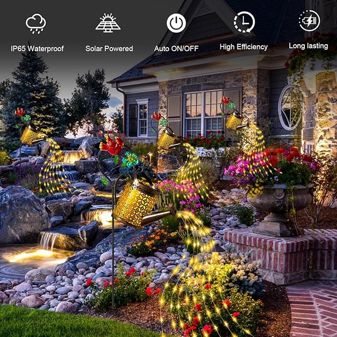 Solar Lanterns Cardinal Granden Decor, Watering Can with Cardinal Shepherd Hook and Cascading Lights, Outdoor Solar Lantern for Garden Yard Decor, Gifts for Women Mom Grandma Birthday, Mothers Day