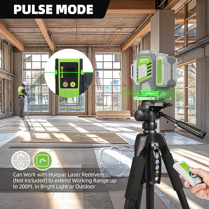 Huepar Pro Laser Level, 3x360° Self Leveling Green Tiling Level Laser Tool, 3D Cross Line Laser Level Tool, High Accuracy Floor Laser with 8000mAh Li-ion Battery, Remote Control & Hard Carry Case