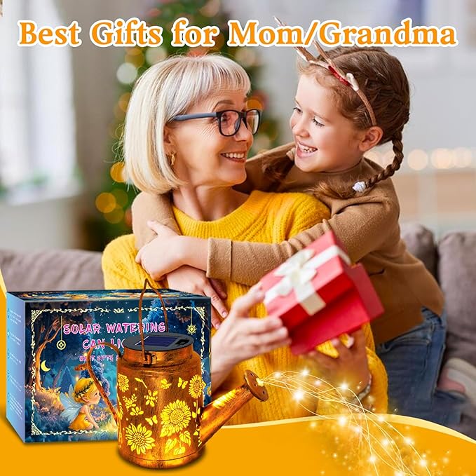 Solar Lights Outdoor Waterproof, Sunflower Solar Watering Can Lights with Shepherd Hook, Birthday Gifts for Mom Grandma Women Christmas, Metal Hanging Lantern Garden Decor Yard Outside Patio Lawn