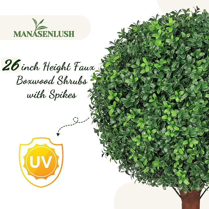 26 inch Height Artificial Boxwood Ball Bush with Ground Spikes, Set of 4 UV Resistant Faux Boxwood Ball Trees for Outdoors, Fake Evergreen Shrubs Bushes Plants for Garden Patio Front Door Balcony