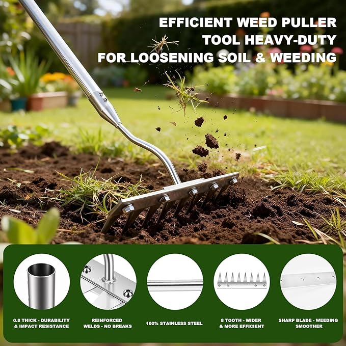 Weeding Rake w 45’’ Ergonomic Curved Handle, 2026 Upgraded 8 Teeth Stainless Steel Weed Puller Tool w Weeding Blade, Cultivator Rake Gardening Tools for Yard, Flower Beds & Loosening Soil