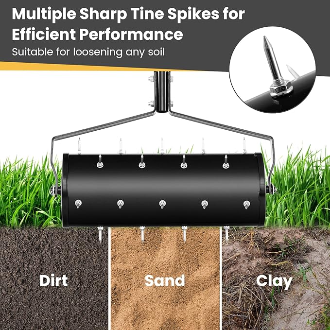 IRONMAX Rolling Lawn Aerator, Sand/Stone Filled Manual Dethatching Soil Aerating Push Tool with Ergonomic Handle, Grass Aerator Lawn Tool for Yard, Garden, Lawn Health Care (21''W x 51''H)