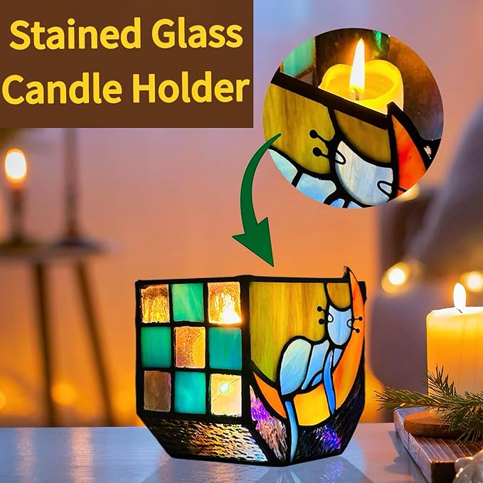 Tiffany Stained Glass Unique Moon Sleeping Blue Cat Planter,Indoor Plant Pots with Drainage,Cute Cat Planter Pots,Decorative Plant Pots, Dried Flowers Pot,Cute Gardening Gifts