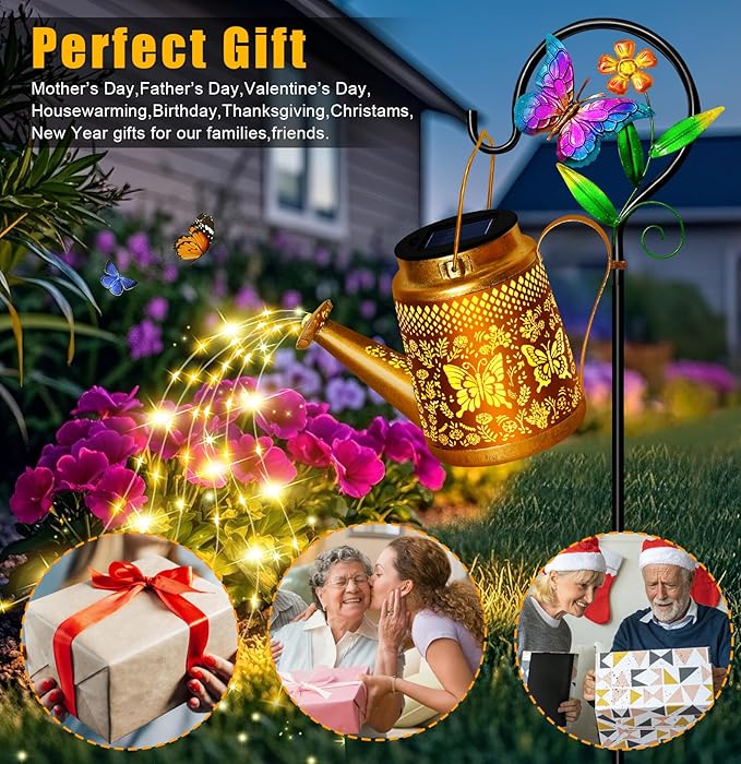 Christmas Gifts for Women,Solar Watering Can Lights for Christmas, Butterfly Lantern with Shepherd Hook, Waterproof Outdoor Decor for Garden Pathway Yard Backyard, Solar Gift for Mom Grandma Women