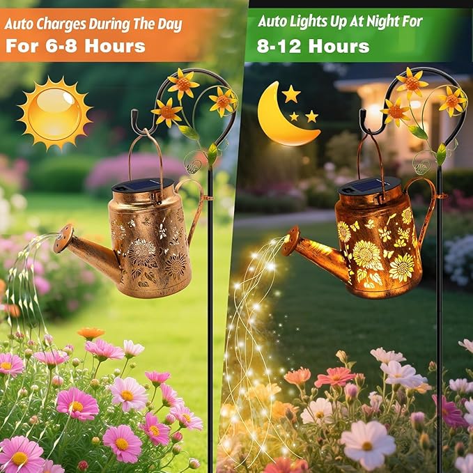 Solar Lanterns Outdoor, Sunflower Watering Can lights, Waterproof Hanging Lanterns Solar Path Lights Outside Yard Patio Gardren Decor, Gardening Birthday Gifts for Mom Grandma Women with Shepherd Hook