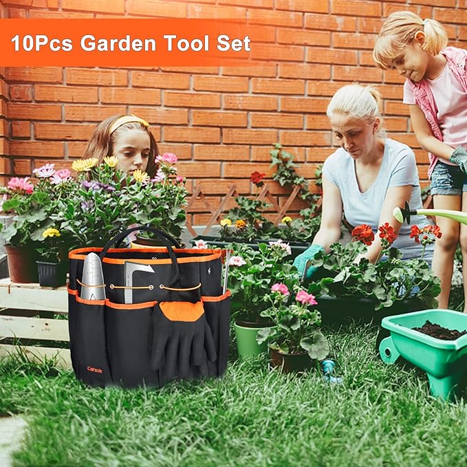 Garden Tools Set, Carsolt 10 Piece Stainless Steel Heavy Duty Gardening Tools Set for Planting Pruning Gardening Kit with Durable Gardening Bag Gloves Gift Box Ideal Garden Gifts for Women Men(Orange)
